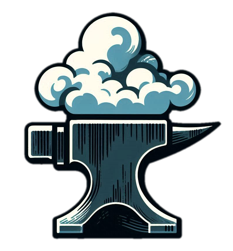 A drawing of an anvil with a fluffy cloud resting on top.