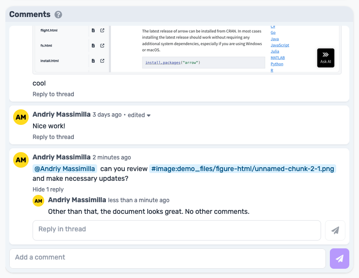 Interface showing threaded comments on an artifact, highlighting rich text and user mentions.