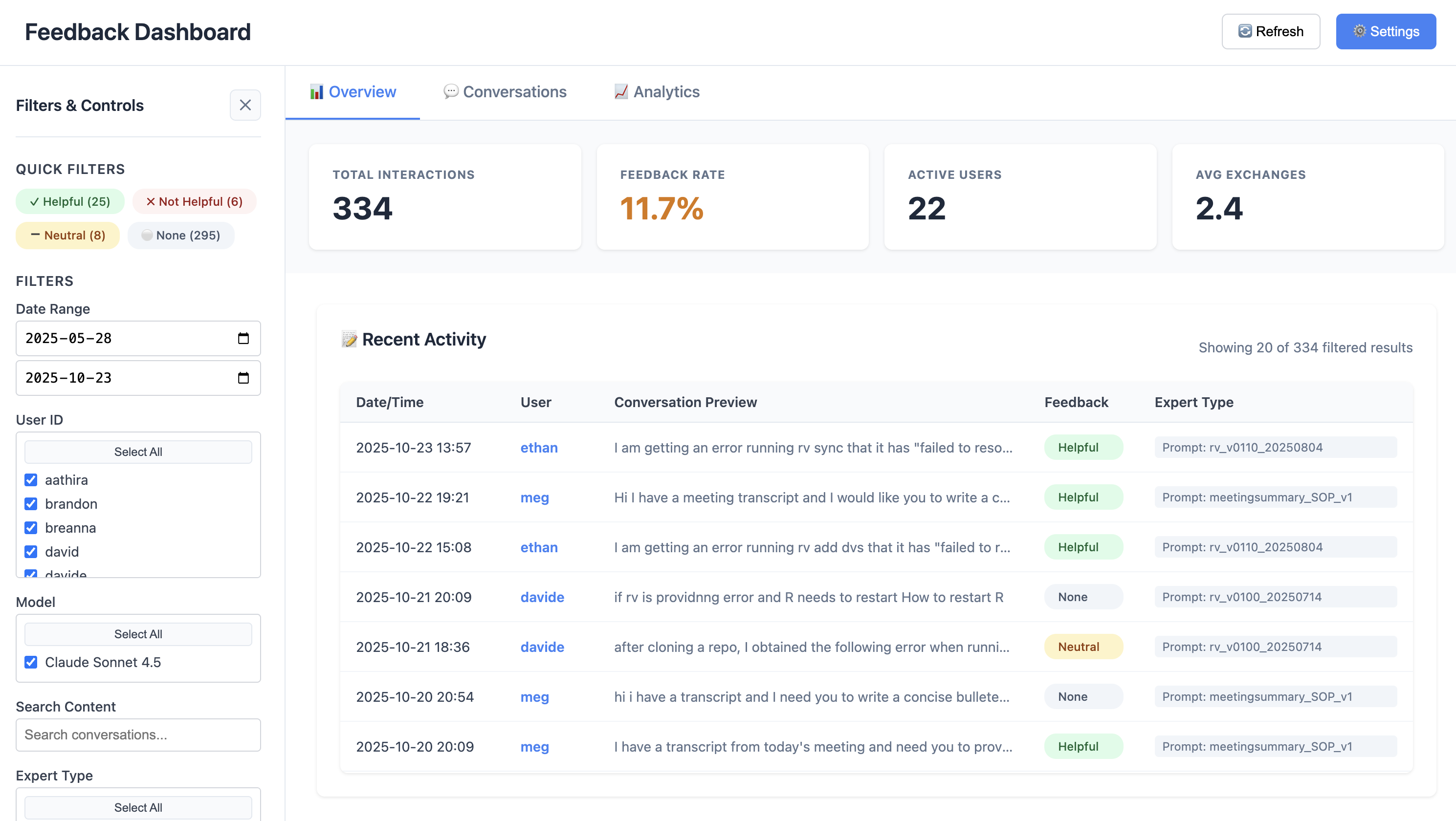 Interface featuring a list of feedback items, a set of cards displaying aggregate metrics, and a sidebar displaying filter options