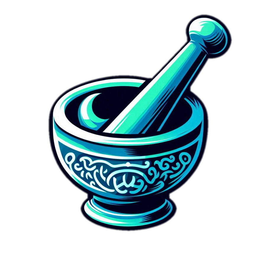 A mortar and pestle with intricate design elements and a crescent moon inside the pestle.