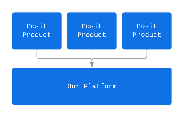 Diagram showing a group of three boxes all labeled 'Posit Product', which then feed into a box labeled 'Our Platform'