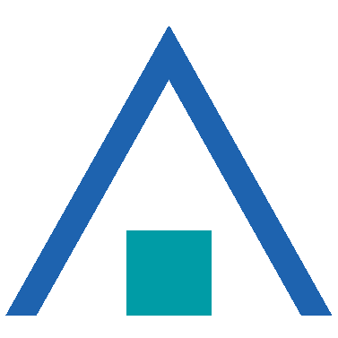 A blue chevron pointing up with a teal square within
