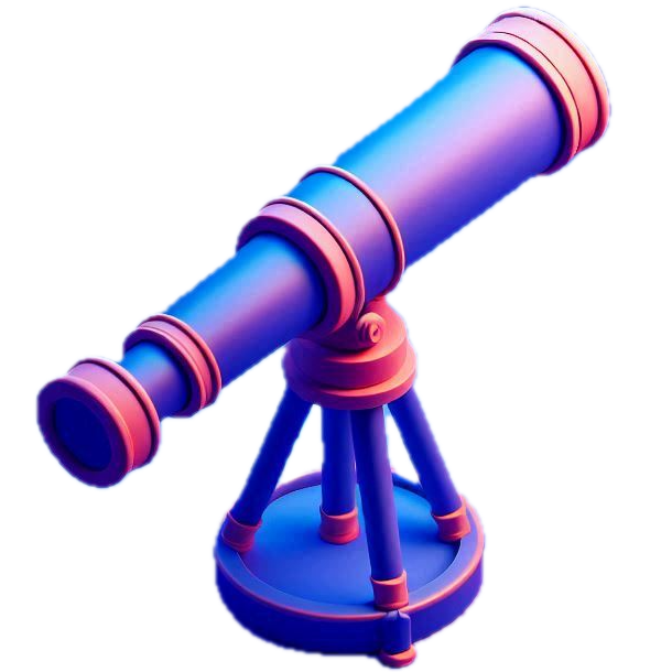 A 3D rendered blue and purple telescope on a stand with orange accents.