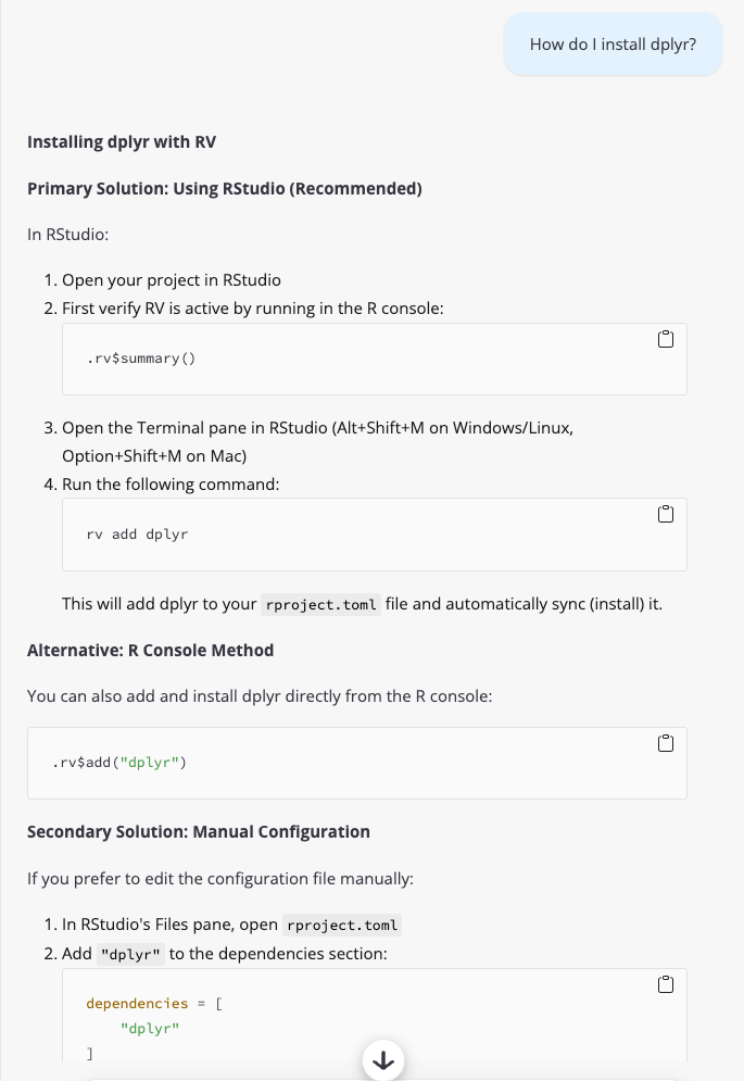 User interface featuring a conversation with Sage AI about installing an R package