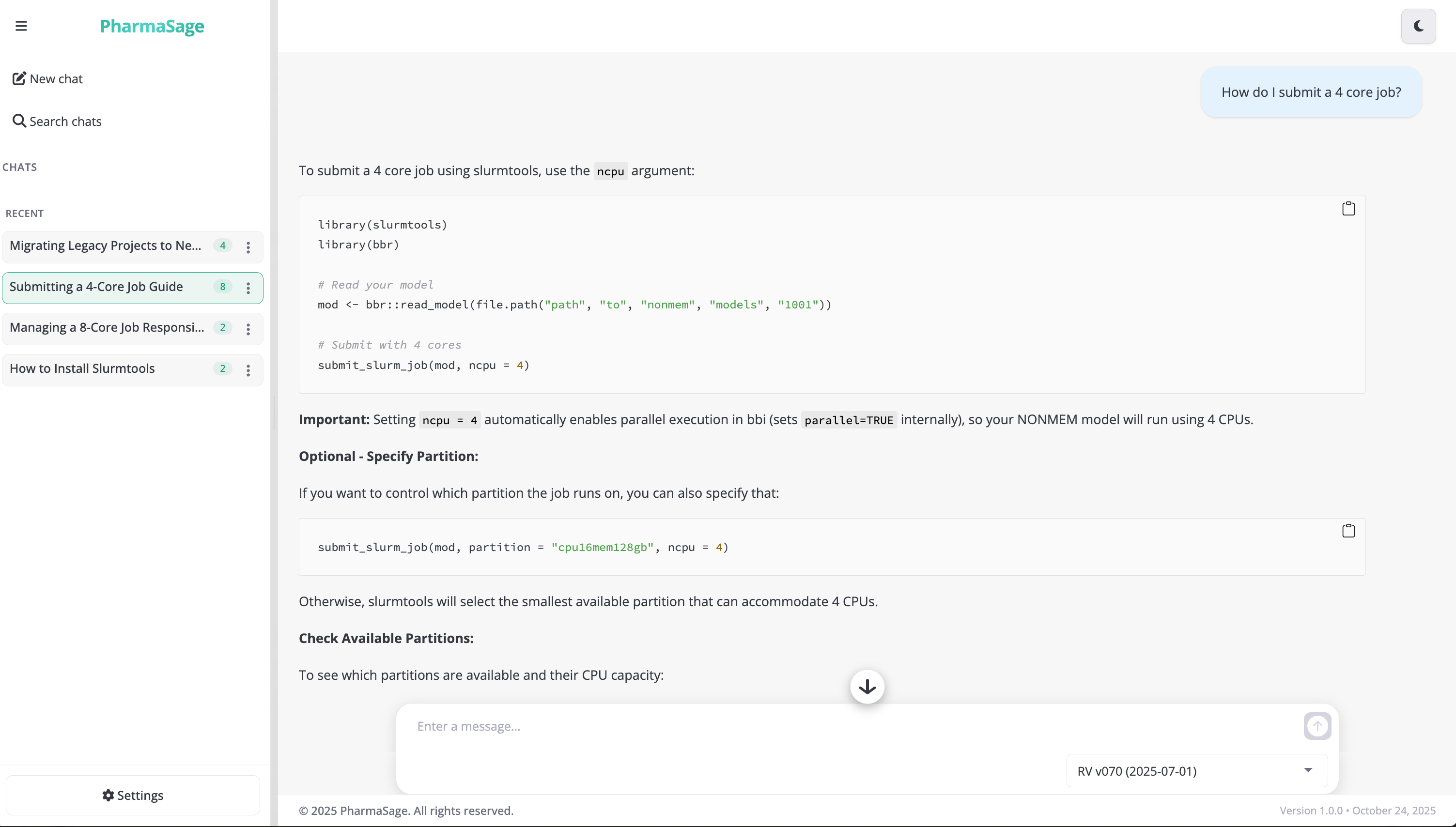 User interface featuring a conversation with a chatbot about a 4-core job