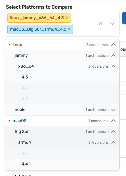 Multi select dropdown menu with nested options for selecting platforms to compare