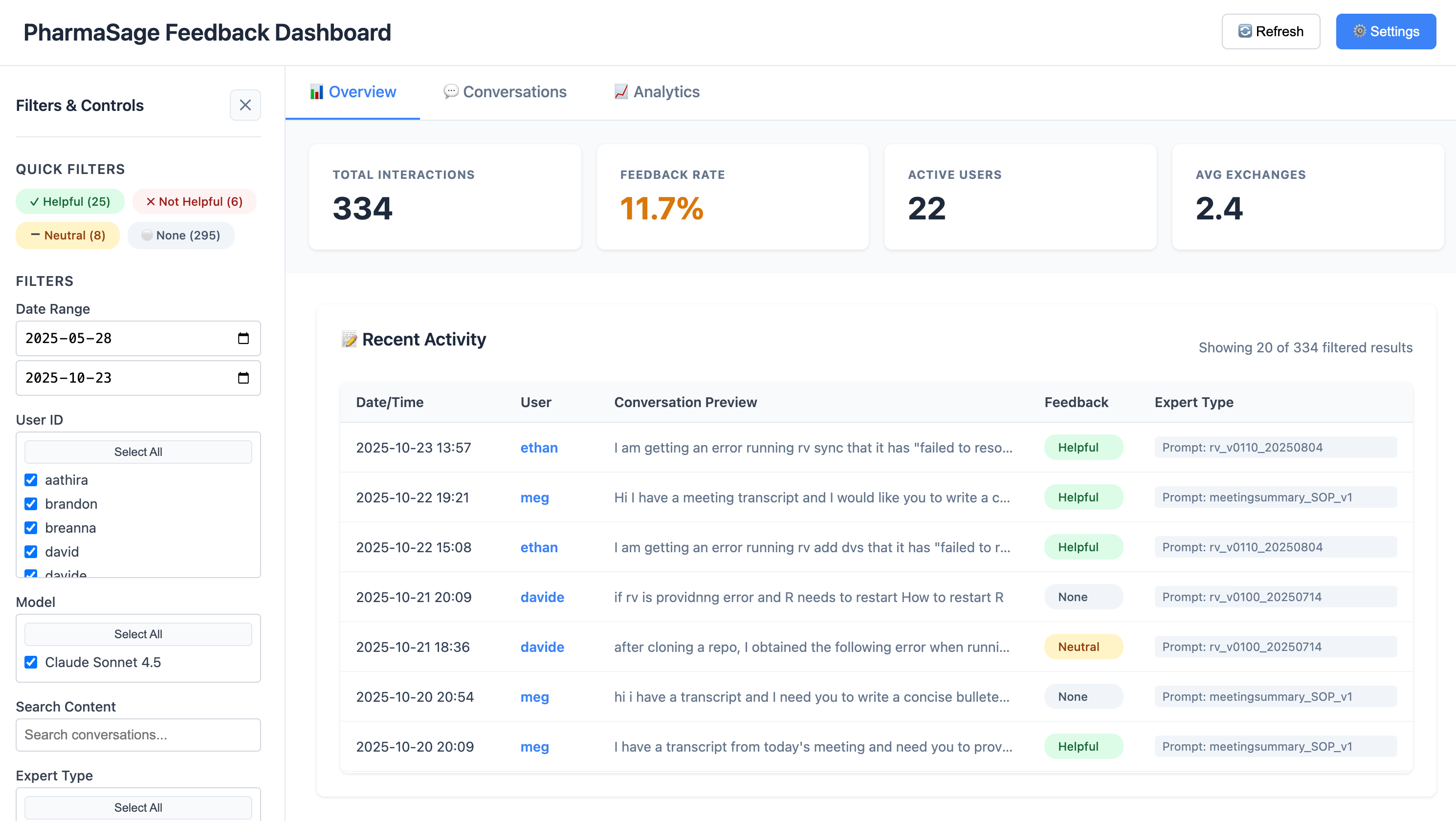 Interface featuring a list of feedback items, a set of cards displaying aggregate metrics, and a sidebar displaying filter options