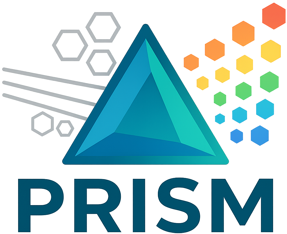 A drawing of a blue triangle with light entering and colored hexagons emitting from the other side.
