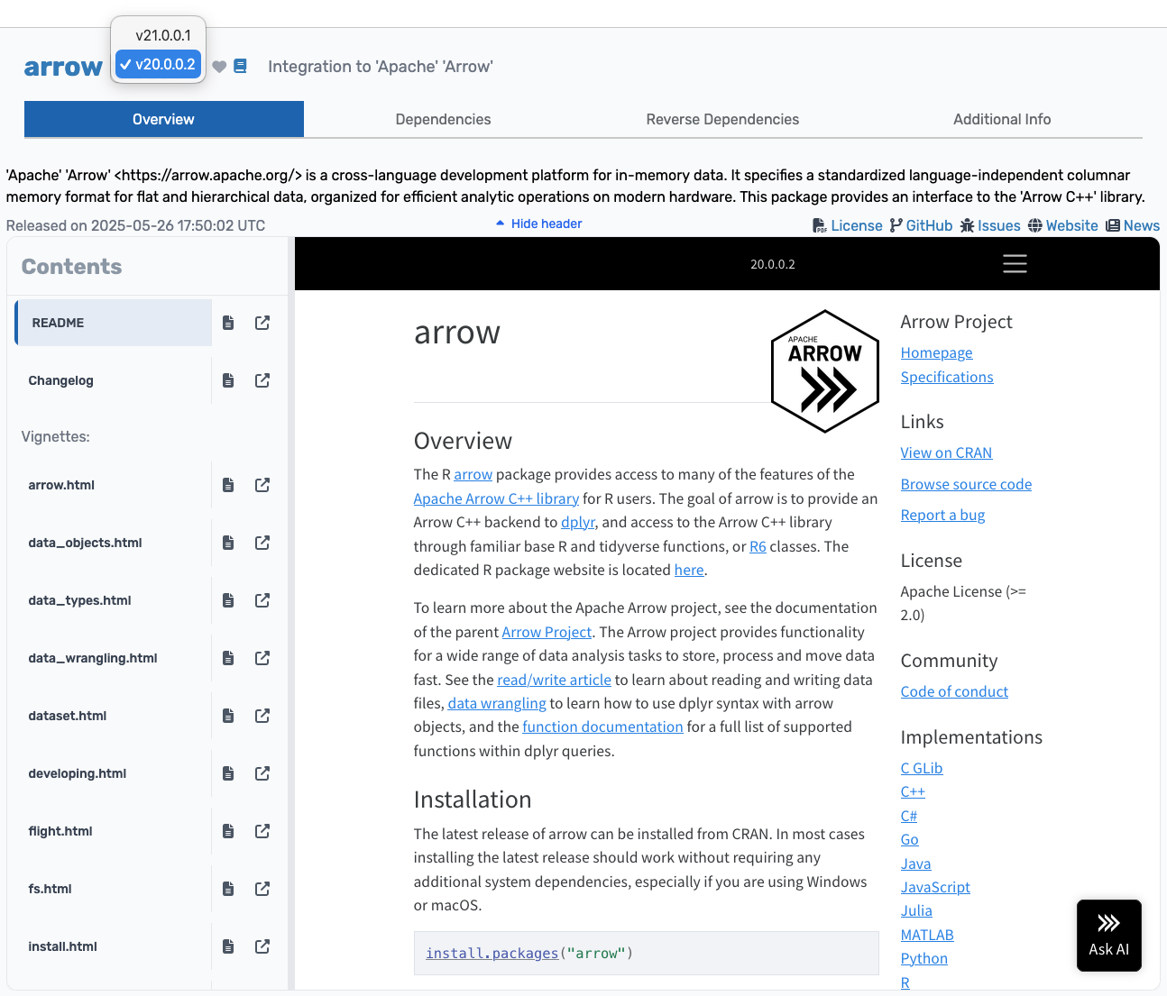 PRISM documentation viewer showing a specific older version of a package with sidebar navigation